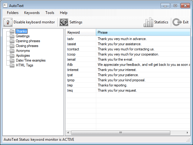 AutoText -Text Expander for Windows - autotypes phrases from abbreviation well known Screen Shot