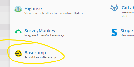 Jitbit Helpdesk integrations panel showing the Basecamp option