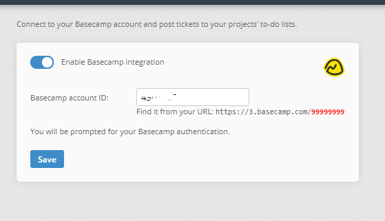 Basecamp integration settings with account ID field in Jitbit Helpdesk