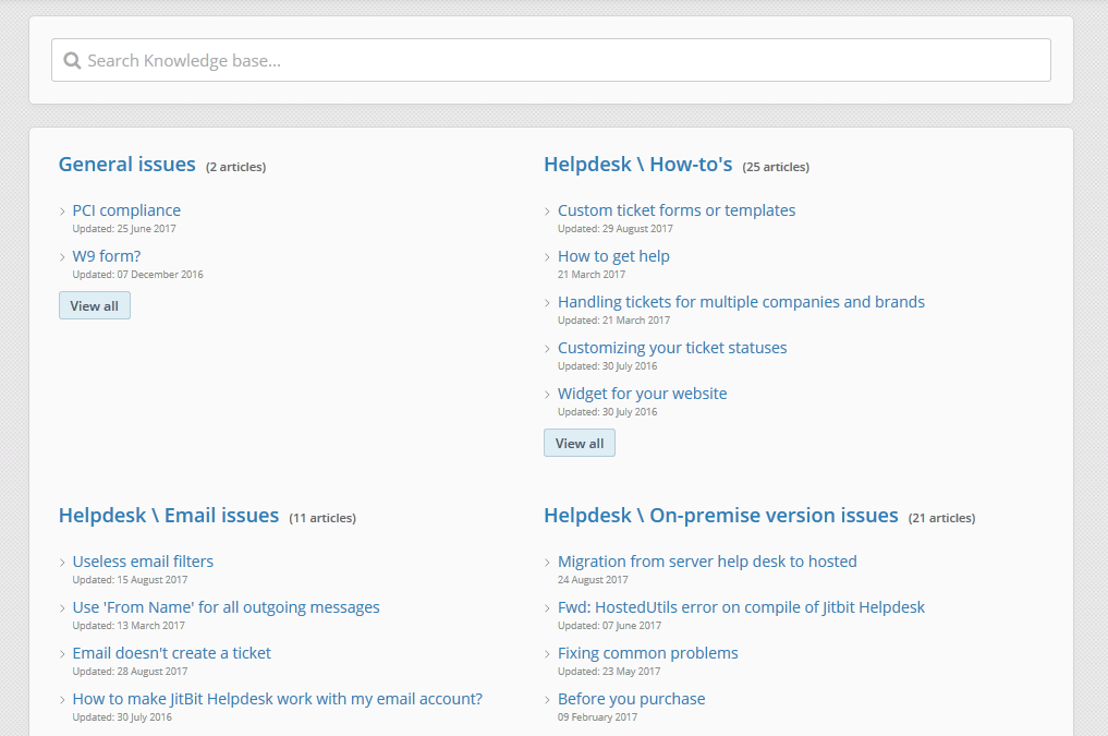 Jitbit customer portal knowledge base with categorized articles