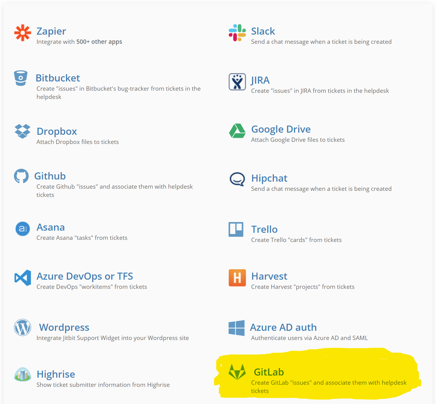 Jitbit Helpdesk GitLab integration settings page
