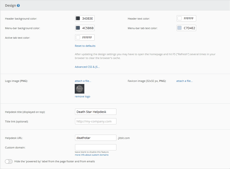 Jitbit customer portal design and branding settings panel