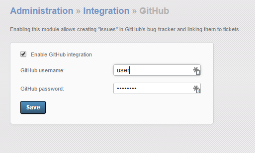 GitHub integration setup screen in Jitbit Helpdesk
