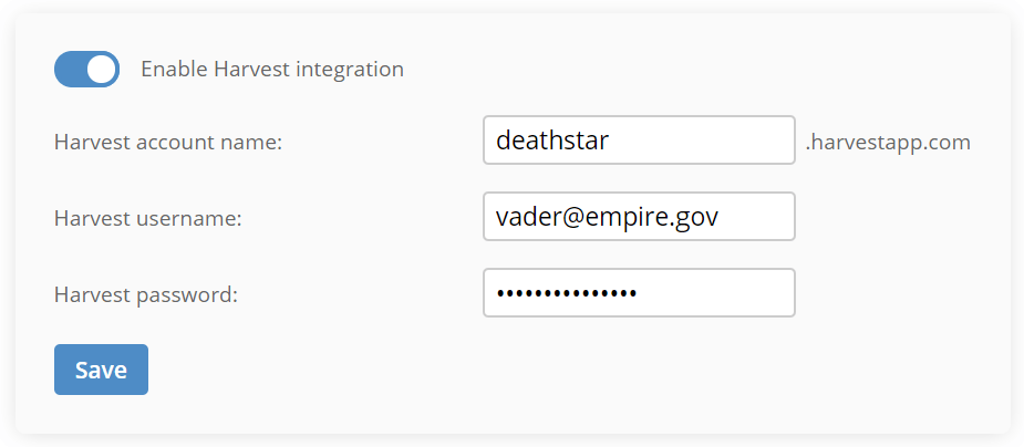 Jitbit Helpdesk Harvest integration settings panel showing URL, login, and password fields