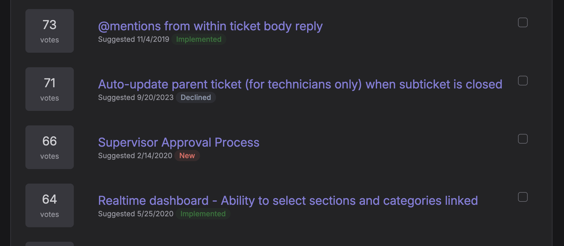 Jitbit feedback forum showing customer ideas with voting and status tracking