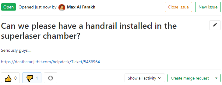 Linked GitLab issue and helpdesk ticket showing cross-references