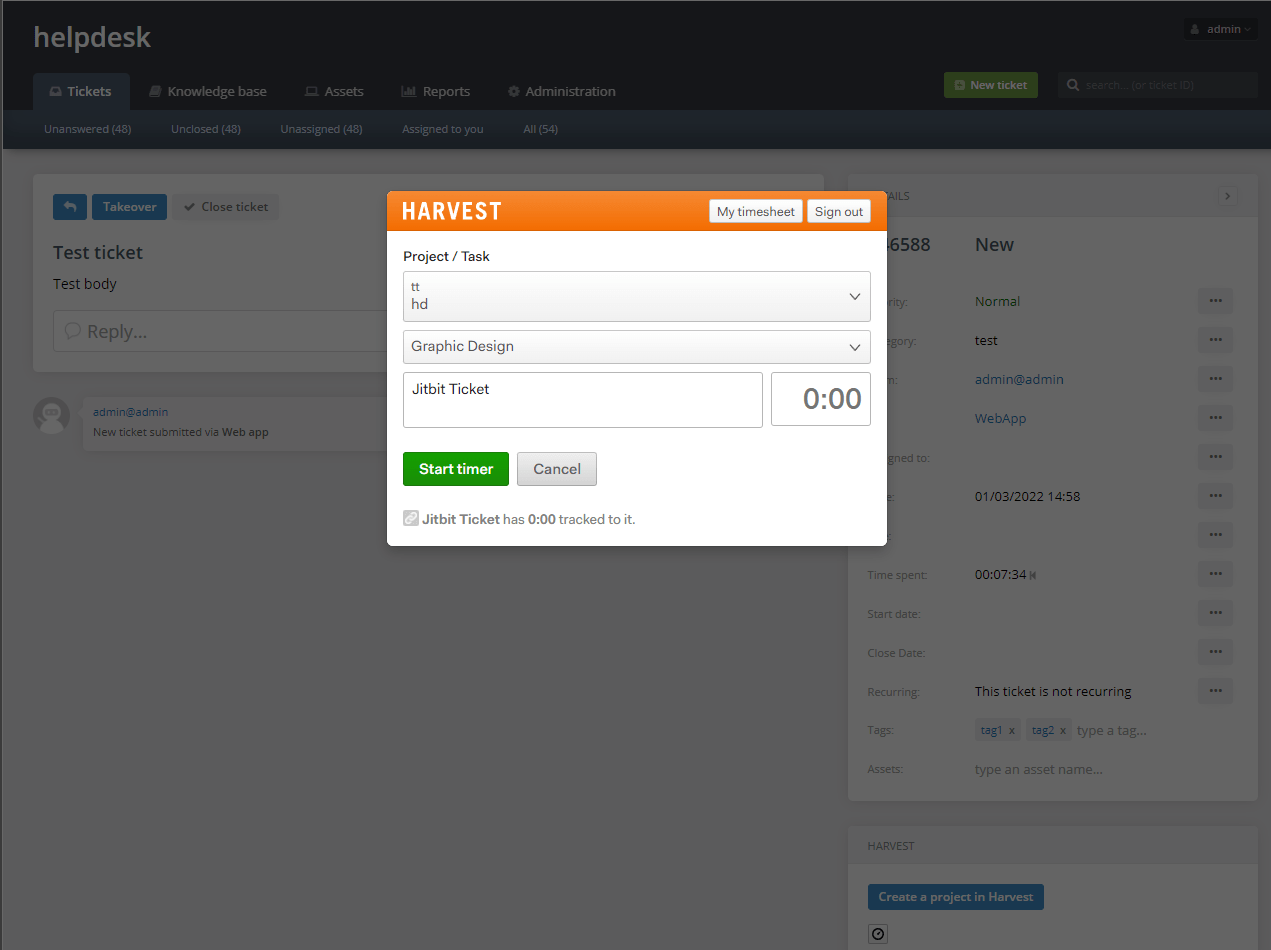 Harvest project linked to a Jitbit Helpdesk support ticket with two-way links