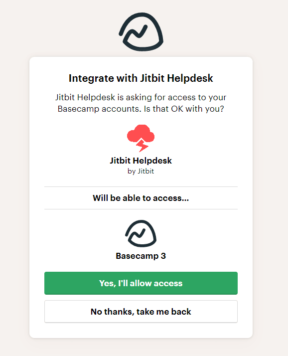 Basecamp OAuth authorization screen for Jitbit Helpdesk