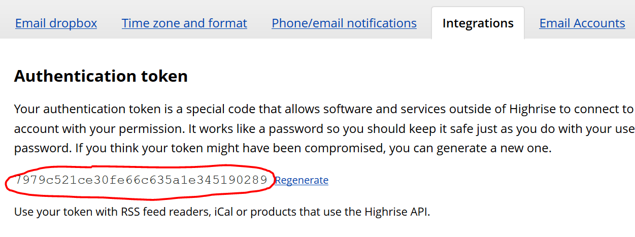 Highrise authentication token location in Account settings