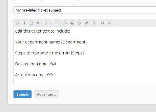 Pre-filled ticket template settings in Jitbit Help Desk