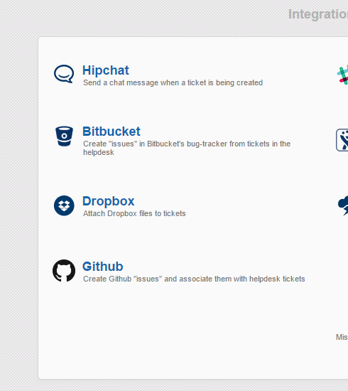 Jitbit Helpdesk integration settings showing Bitbucket and GitHub options