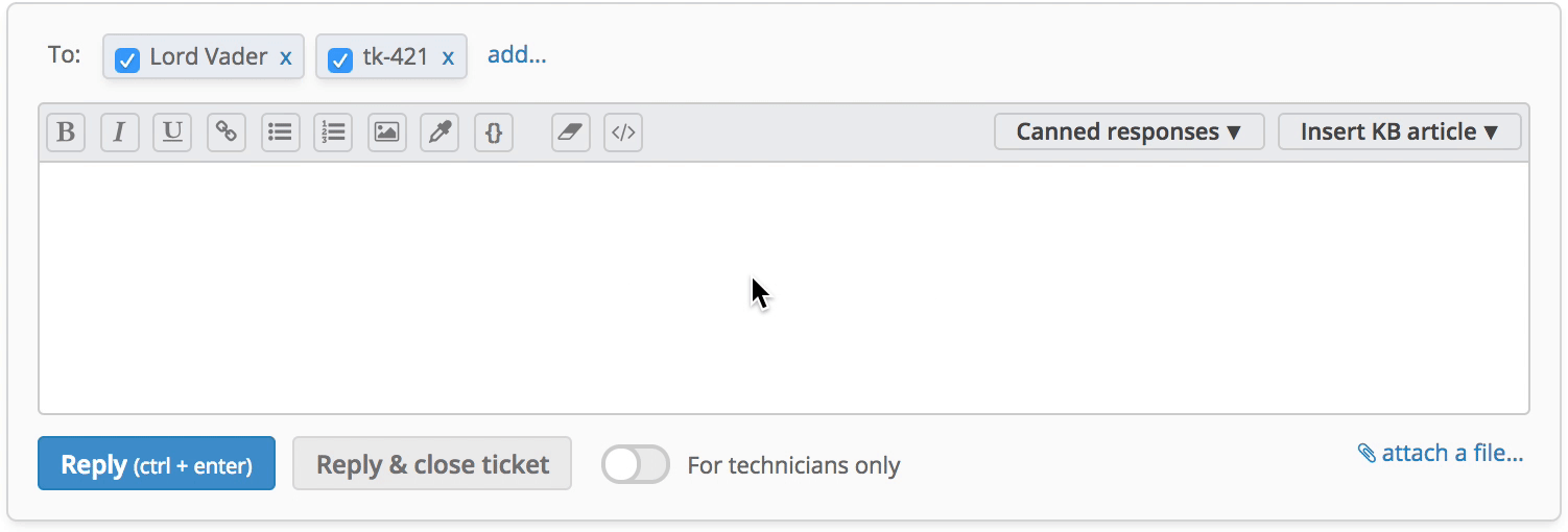 Inserting canned responses and knowledge base articles into a helpdesk ticket reply