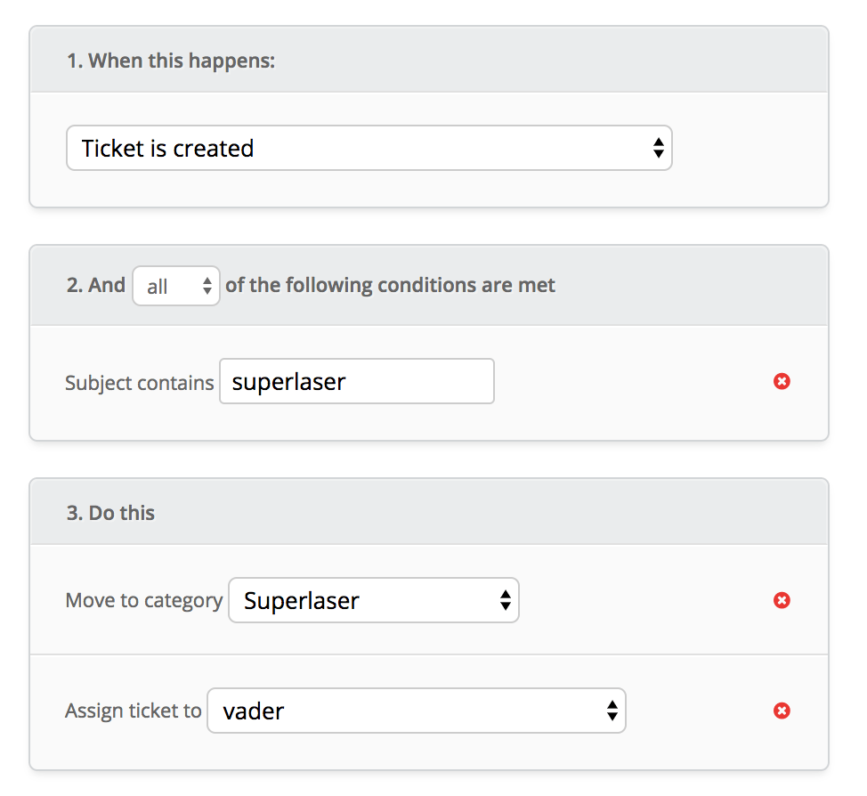 Jitbit Helpdesk automation rules interface showing trigger and action configuration