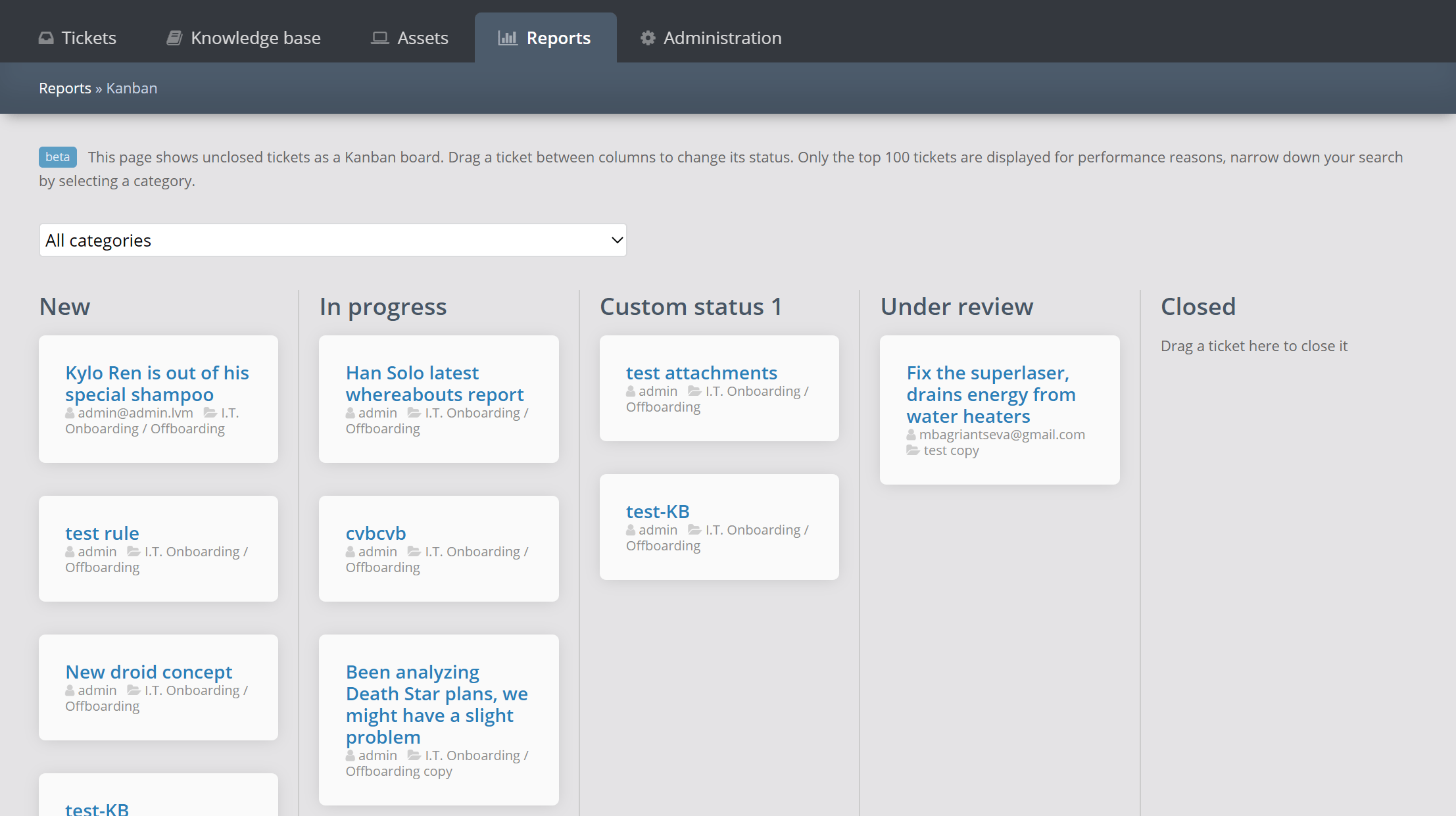 Helpdesk Kanban board showing support tickets organized by status columns