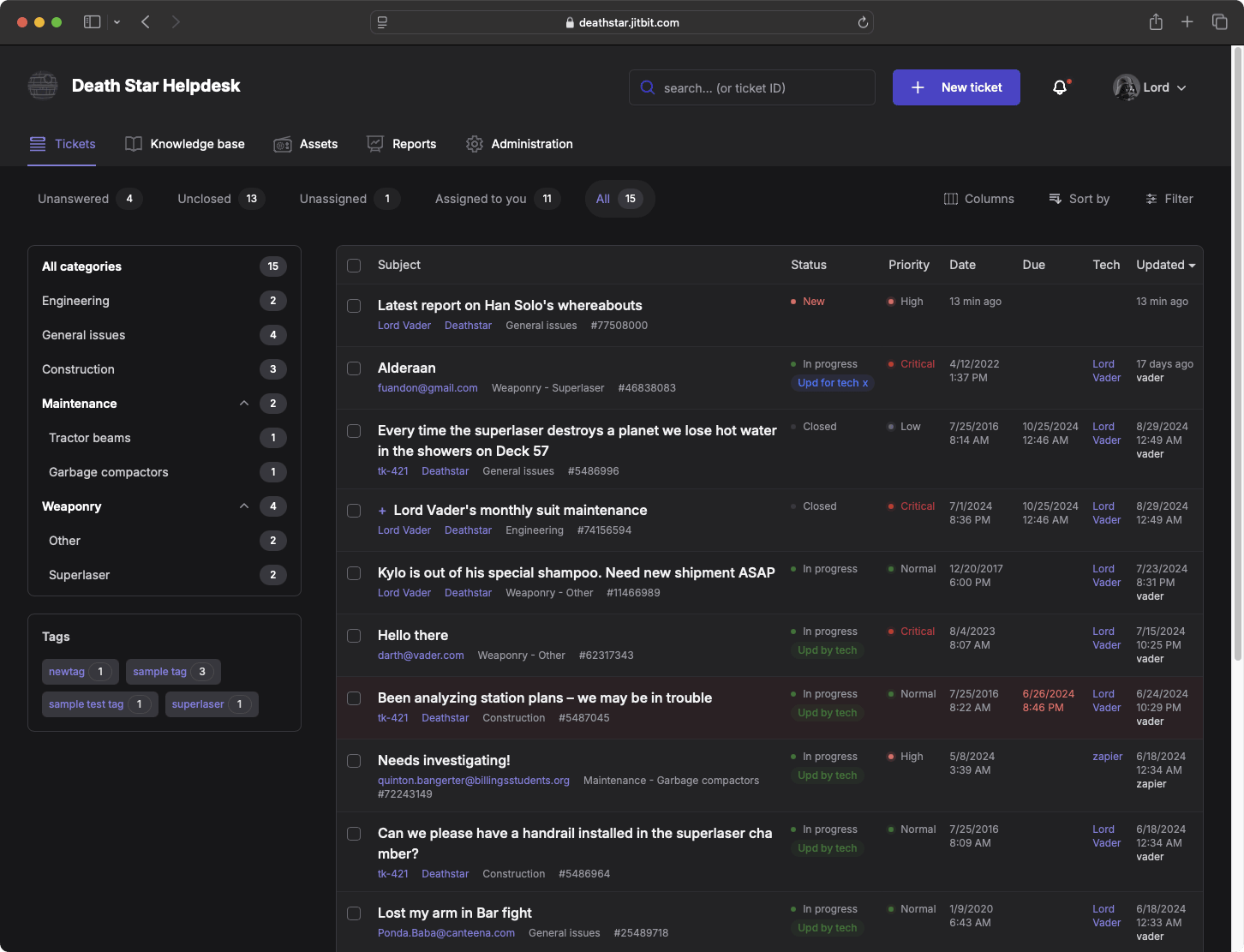 Jitbit Helpdesk ticket list in dark mode