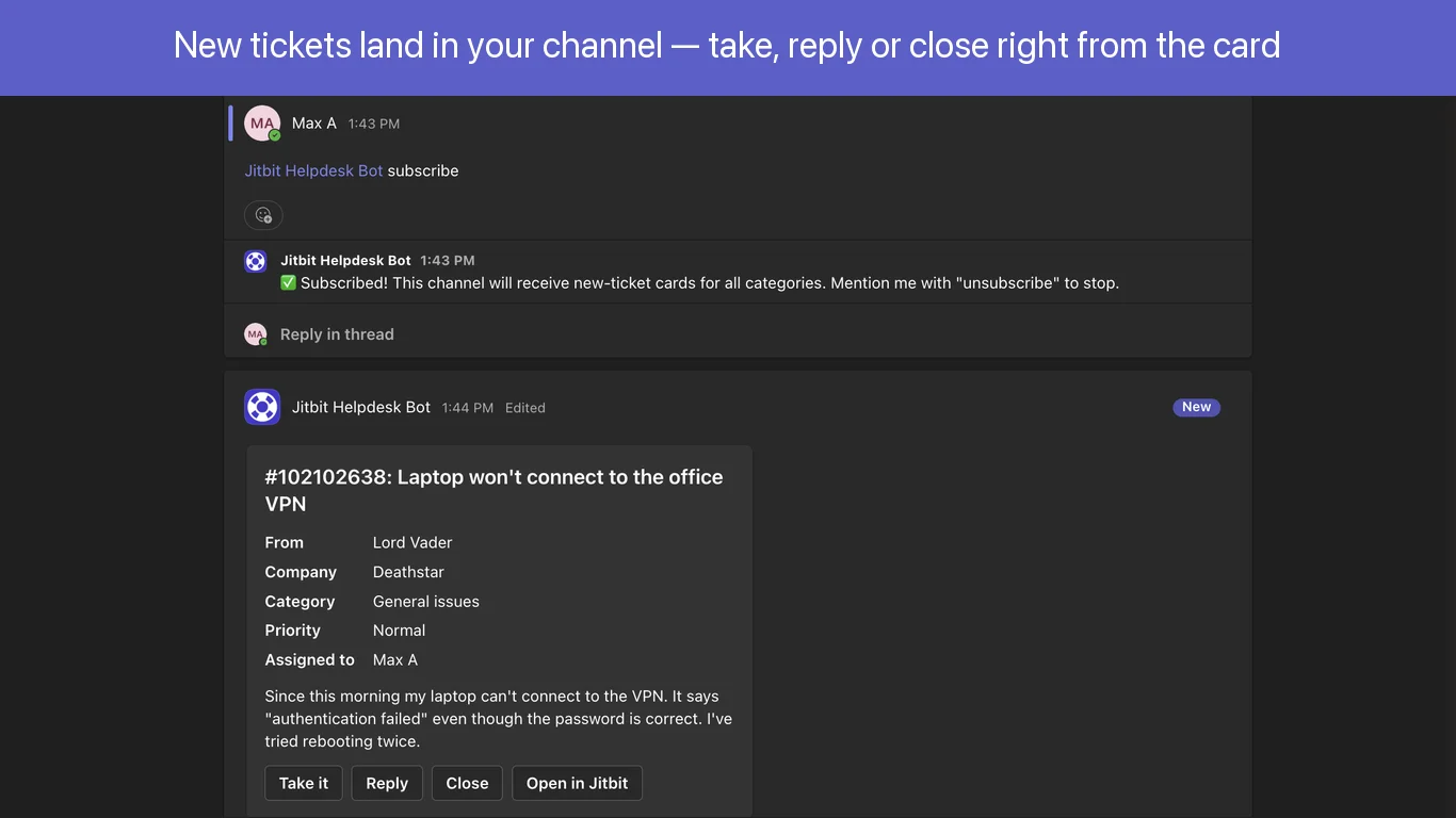 Actionable new-ticket card with Take it, Reply and Close buttons in a Microsoft Teams channel
