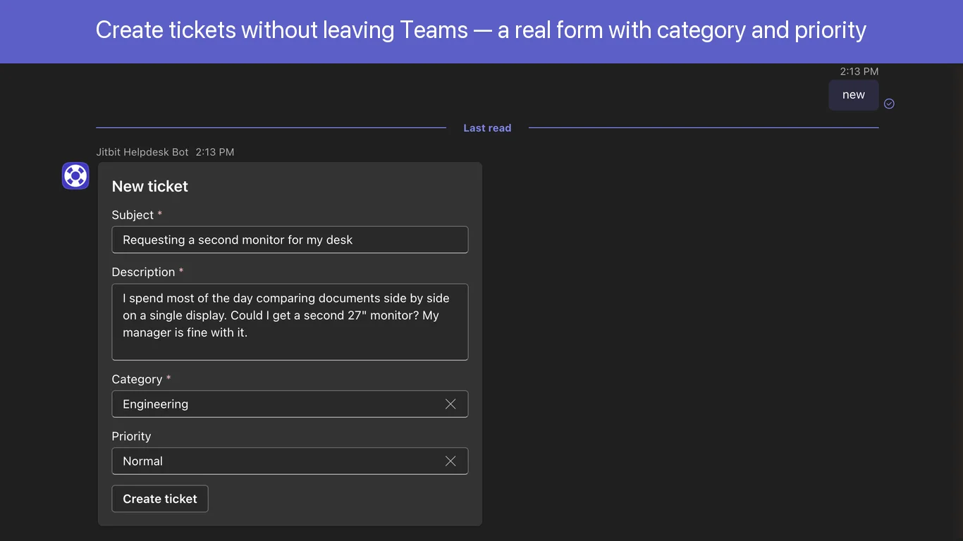 Creating a helpdesk ticket from a Microsoft Teams chat with the Jitbit bot