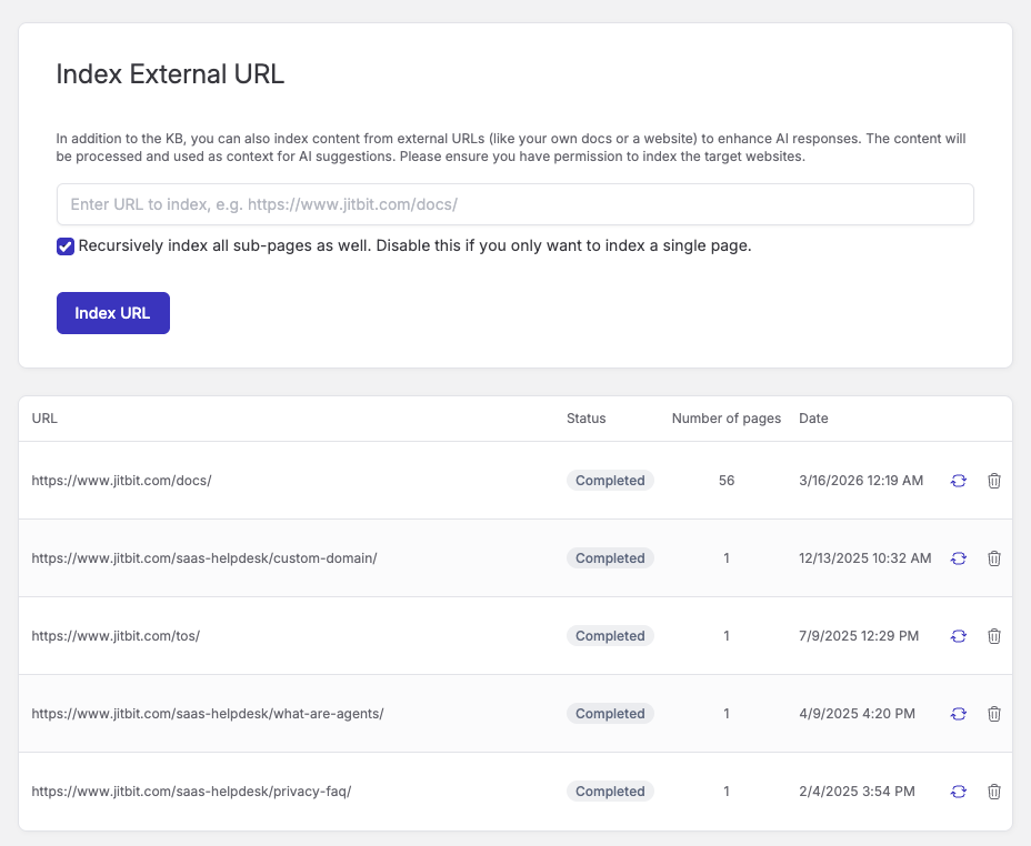 Jitbit AI helpdesk external documentation indexing settings