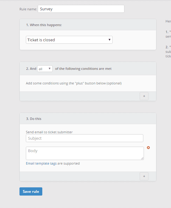 support ticket survey automation rule