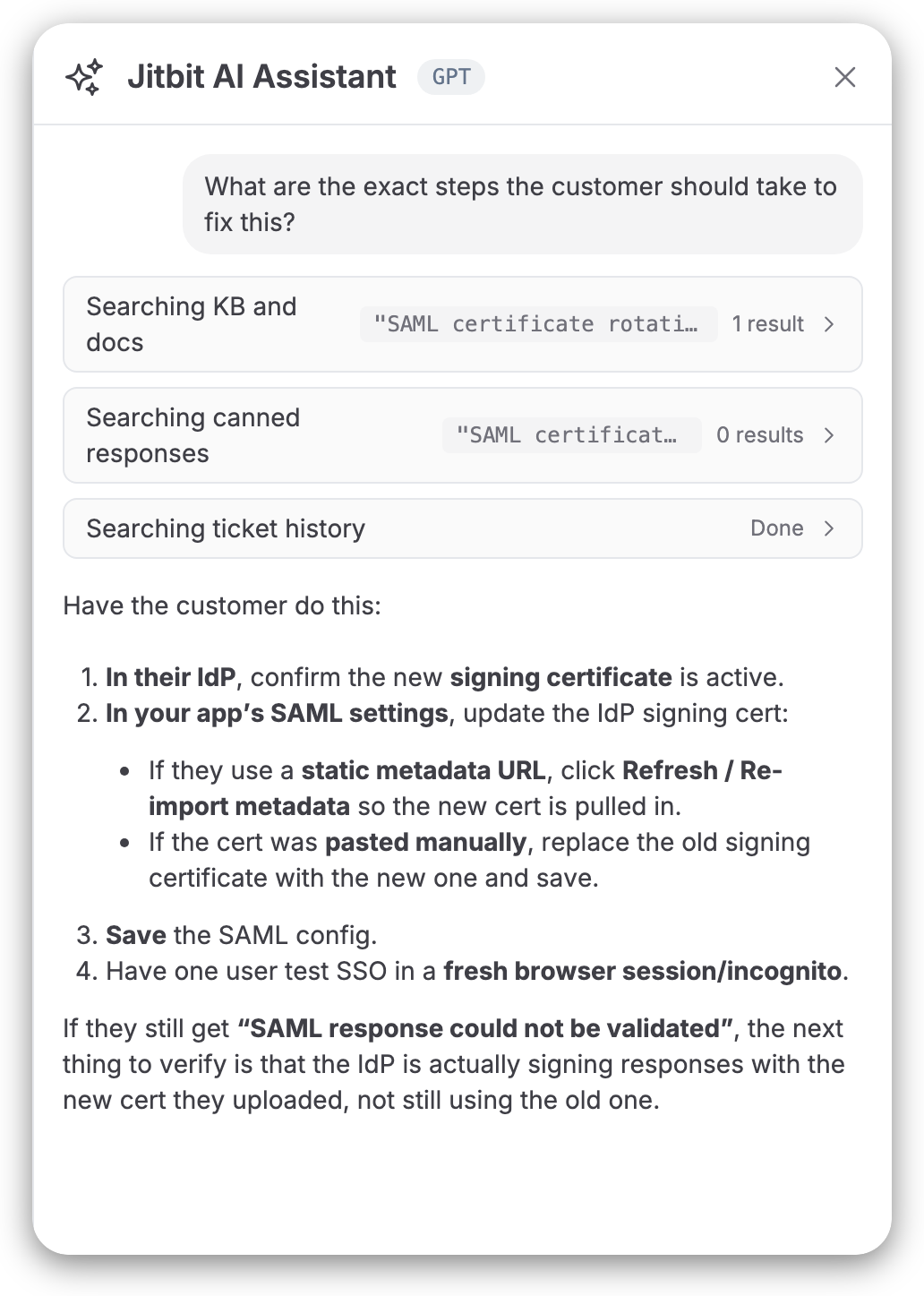 Jitbit AI Assistant answering a custom question with KB and ticket-history search and a numbered fix