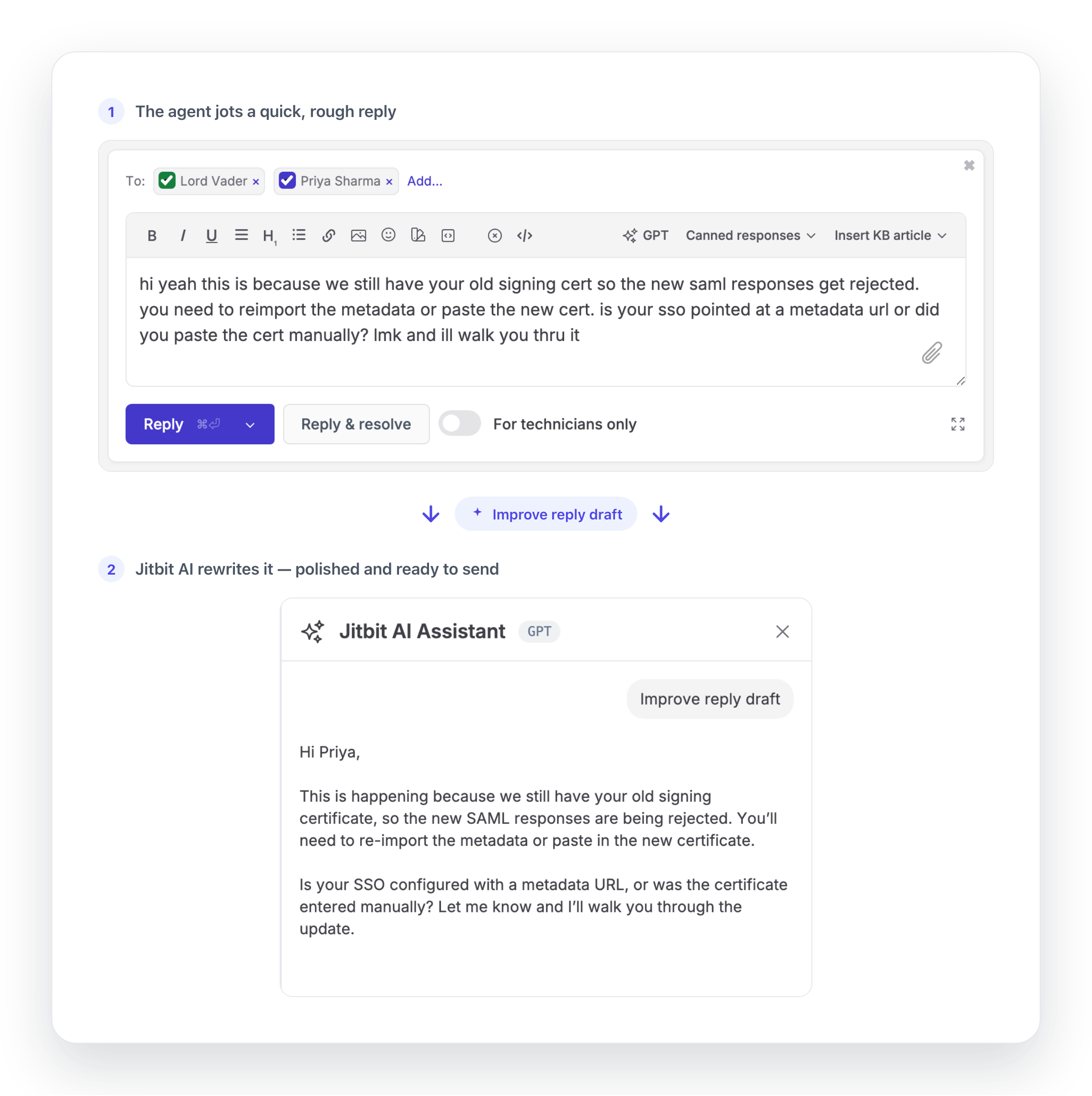 Before and after — an agent's rough draft and the Jitbit AI Assistant's polished rewrite