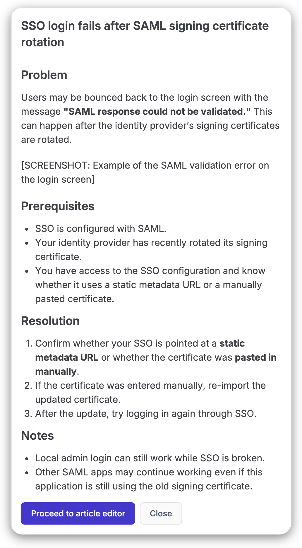 Jitbit AI Assistant knowledge base article preview with Problem, Prerequisites, Resolution and Notes sections