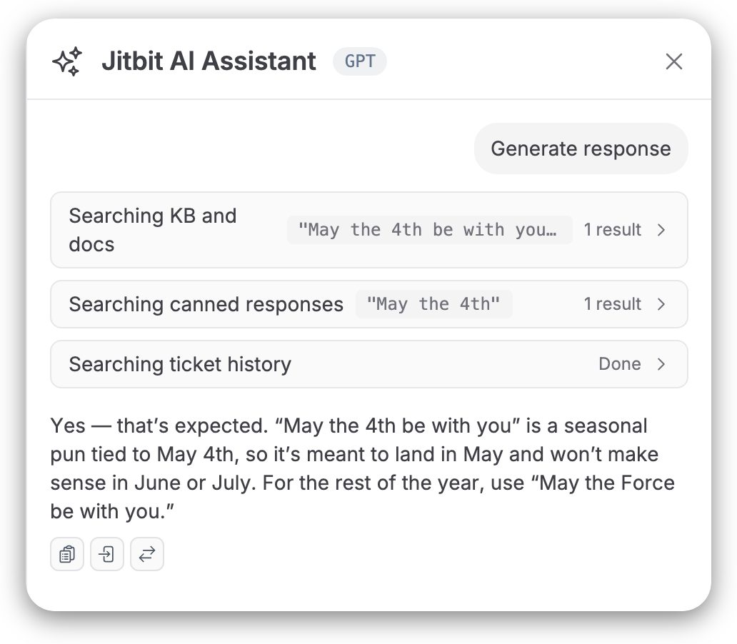 Jitbit AI Assistant drawer drafting a grounded reply from the customer's knowledge base and canned responses
