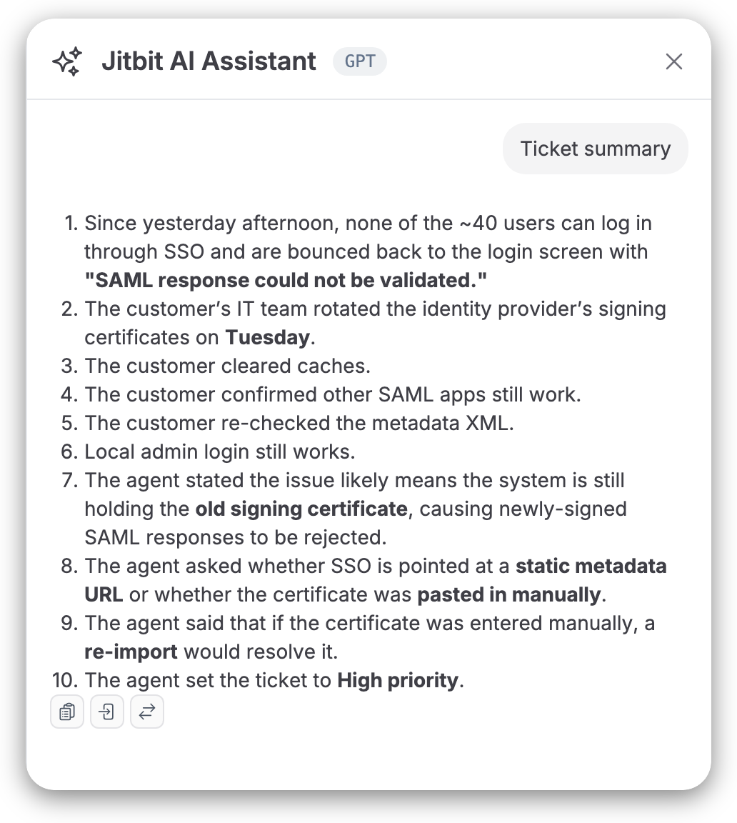 Jitbit AI Assistant showing a one-click ticket summary of an SSO outage thread