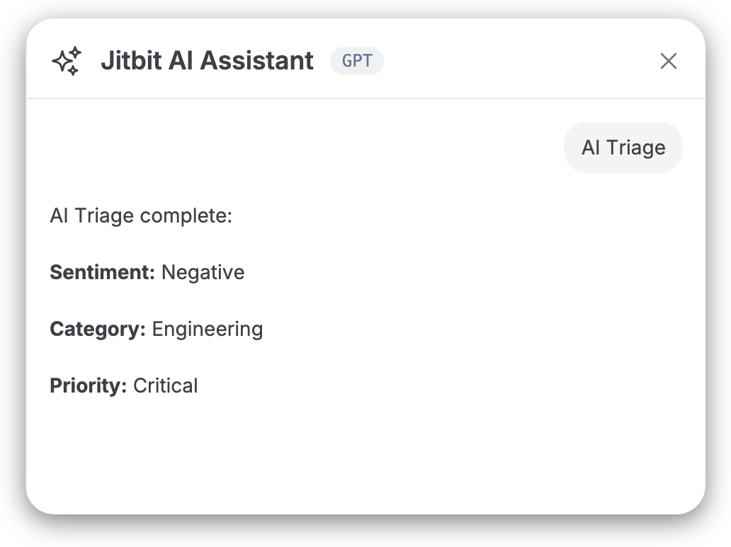 Jitbit AI Assistant AI Triage result — Sentiment: Negative, Category: Engineering, Priority: Critical