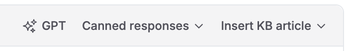 Jitbit ticket reply toolbar with a sparkle GPT button next to Canned responses and Insert KB article