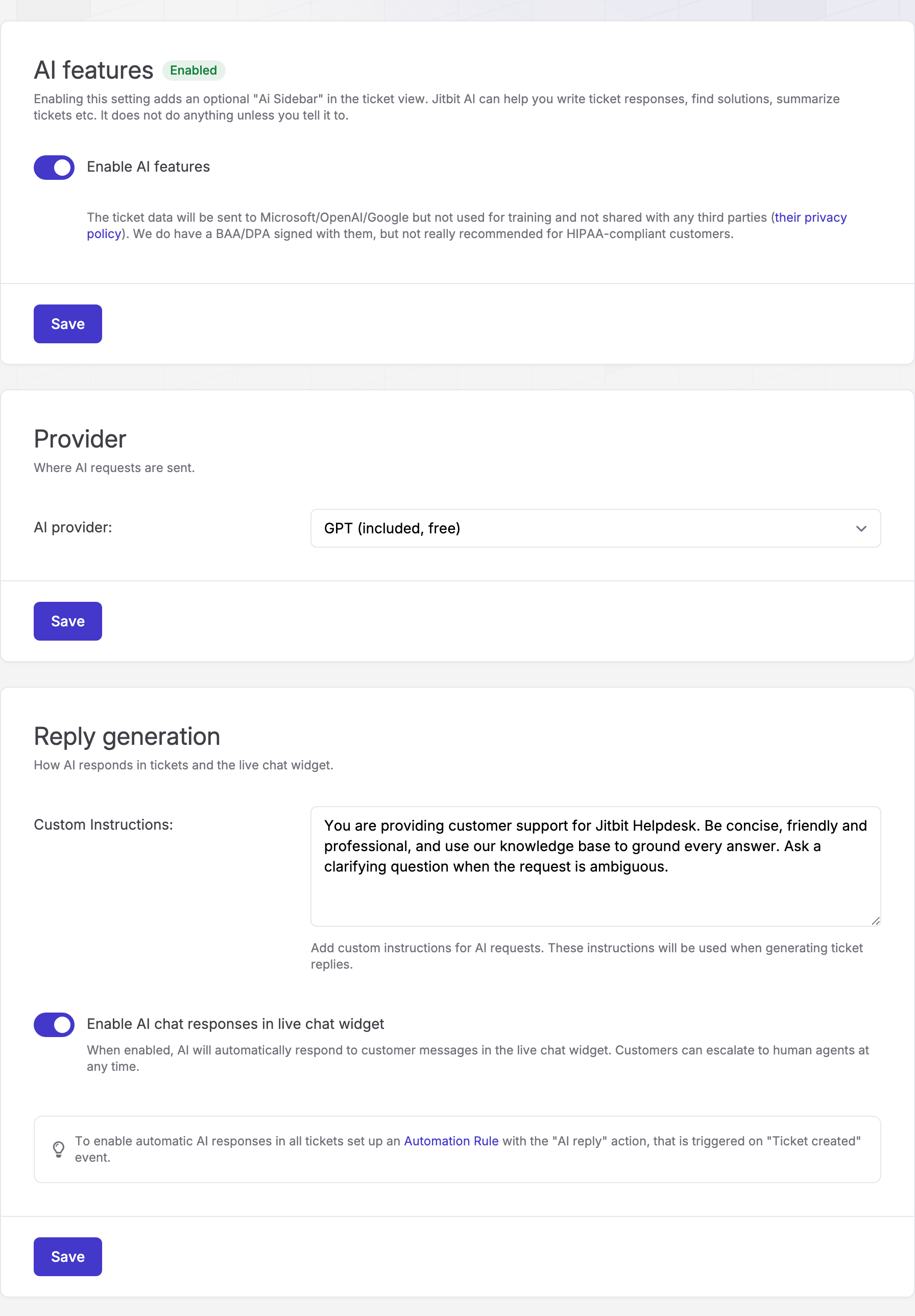 Jitbit AI features admin page: an Enable AI features toggle marked Enabled, a Provider section set to GPT (included, free), and a Reply generation section with custom instructions