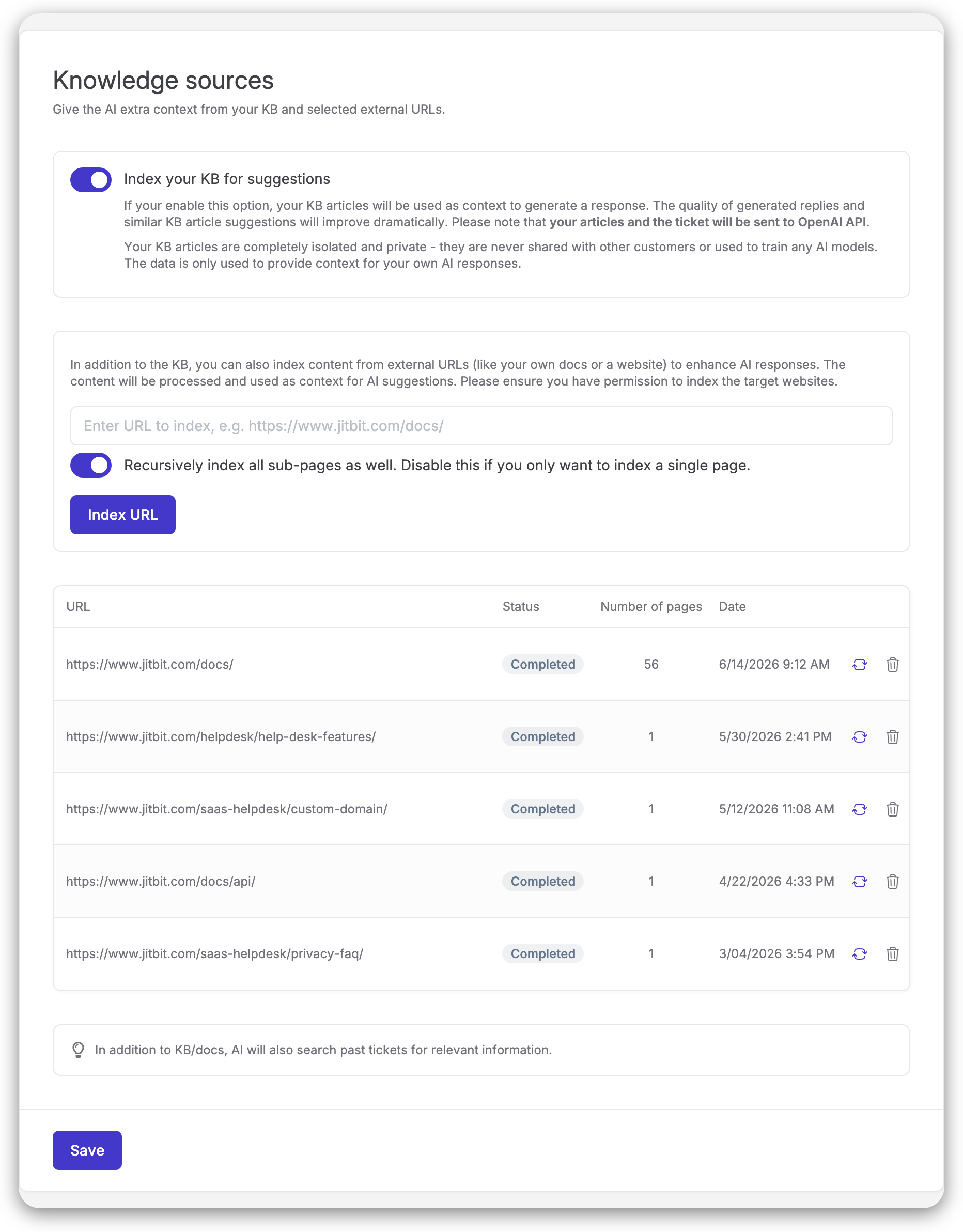 Jitbit AI helpdesk external documentation indexing settings