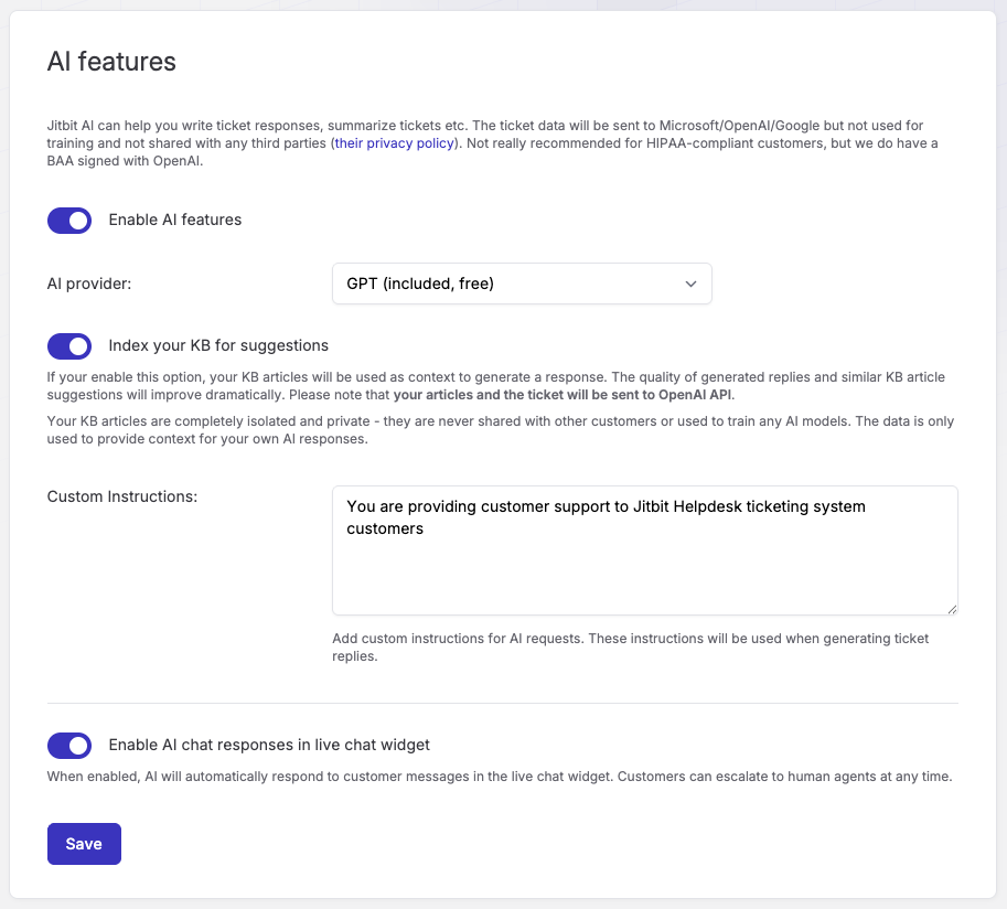 Jitbit AI helpdesk settings screen showing the enable toggle